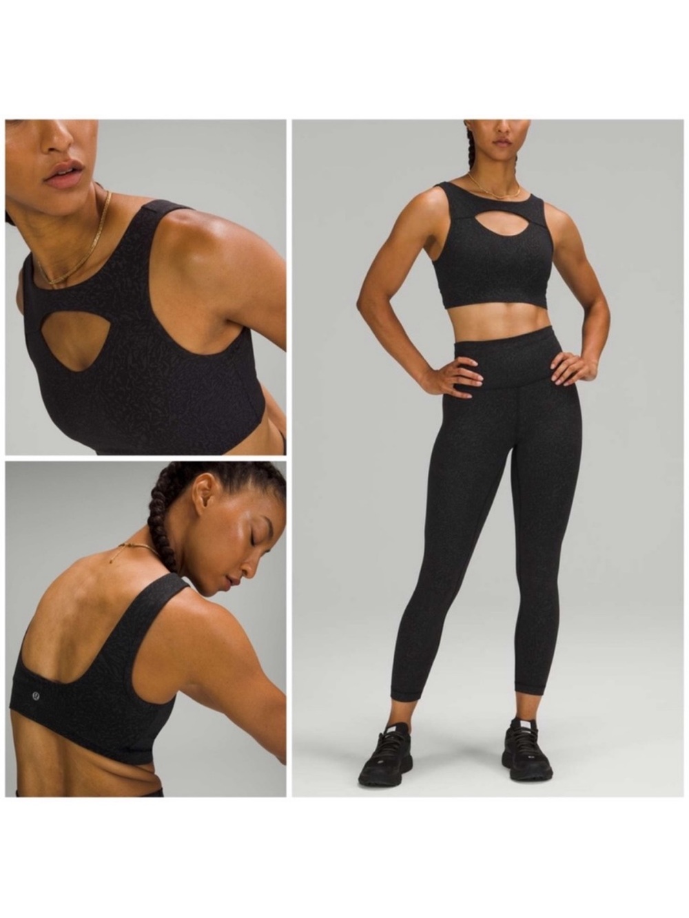 lululemon Sz 6 everlux cut-out train bra patterned black sports bra